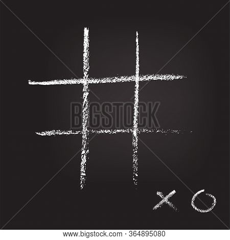 Empty Cross Zero Game Template Hand Drawn On Dark Blackboard. Xo Handwritten Sign On Low Corner. Tic