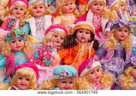 Nice Little Girl Cute Baby Dolls For Sale At Retail Shop At Christmas Market, New Market Area, Kolka