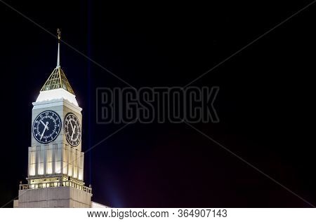 Krasnoyarsk, Russia - May 3, 2020: Clock Tower In Krasnoyarsk. Copy Of The English Big Ben. Night Vi