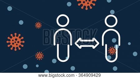 Digital illustration with pictogram of people standing at safe distance and arrow between them with orange coronavirus Covid 19 cells spreading on blue background. Precautions social distancing self