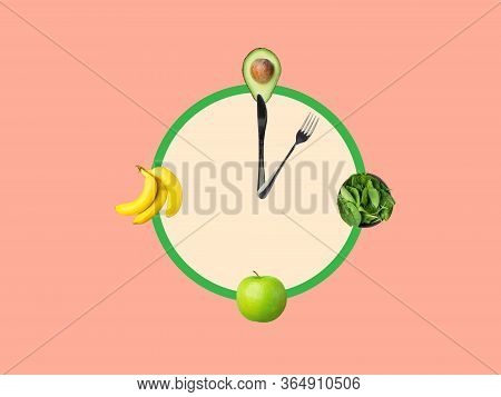 Clock With Fork And Knife As Hands With Vegetables Fruits Bananas Apples Avocado Spinach On Plate. M