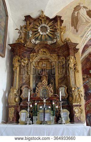 GORICA LEPOGLAVSKA, CROATIA - OCTOBER 08, 2016: The altar of Saint Barbara in the Chapel of Saint John the Baptist in Gorica Lepoglavska, Croatia