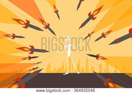 Calm Person In A Stressful Situation, Risk Management And Emergency Management, Concept. Many Missil
