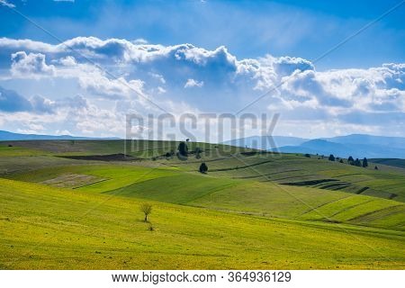 Beautiful Green Valley At Springtime, Gathering Stormclouds , Agricultural Fields In Transylvania, R