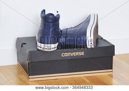 Belarus, Brest - June 27, 2019: Leather Blue Sneakersconverse All Star Sneakers.