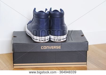 Belarus, Brest - June 27, 2019: Leather Blue Sneakersconverse All Star Sneakers.
