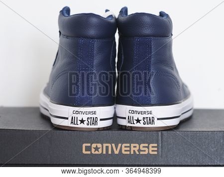 Belarus, Brest - June 27, 2019: Leather Blue Sneakersconverse All Star Sneakers.
