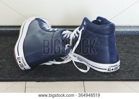 Belarus, Brest - June 27, 2019: Leather Blue Sneakersconverse All Star Sneakers.