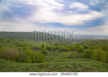 Summer Rural Landscape. Beautiful Colorful Hills Covered Forest In Fog. Ukrainian Nature. Surroundin