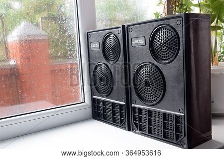 Krasnodar, Russia - April 11, 2020: Vintage Speakers By The Window. Column Speaker 15as-208. Vintage