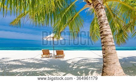 Exotic Travel Destination. Beautiful Tropical Beach Paradise. White Sand And Coco Palms Travel Touri