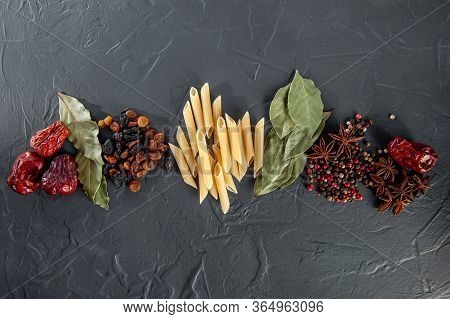 Italian Food Or Ingredients Background, Pasta And . Top View, View From Above