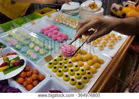 Ko Kret, Thailand 01.04.2020: Traditional Thai Pretty Little Desserts Shaped Into Mini Thai Fruits, 