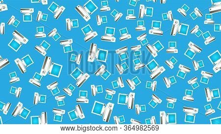 Seamless Pattern Of Retro Old Hipster Computers From The 70s, 80s, 90s, 2000s On A Blue Background.