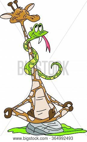 Cartoon Giraffe With His Snake Friend Around His Neck Sitting In Lotus Position Doing Yoga Practice 