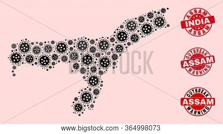 Outbreak Combination Of Covid-2019 Mosaic Assam State Map And Rubber Seal Stamps. Vector Red Waterma