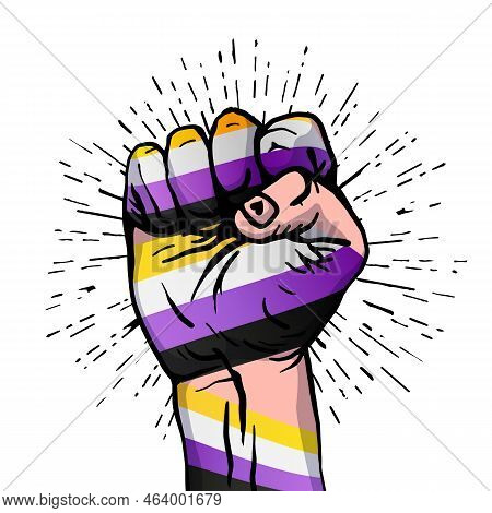 A Human Hand Clenched Into A Fist. Flag Of Non-binary Pride. A Colorful Logo Of One Of The Lgbt Flag