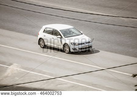 Volkswagen Golf Mk7 Is Seventh Generation Of The Famous German Hatchback. Aerial Front Side View Of 