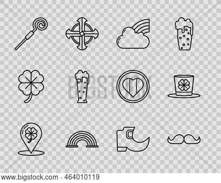 Set Line Location And Four Leaf Clover, Mustache, Rainbow With Cloud, Walking Stick, Glass Of Beer, 