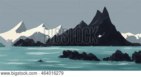 Ice Landscape With Mountains, Rocks And Sea, Minimalistic Modern Travel Poster
