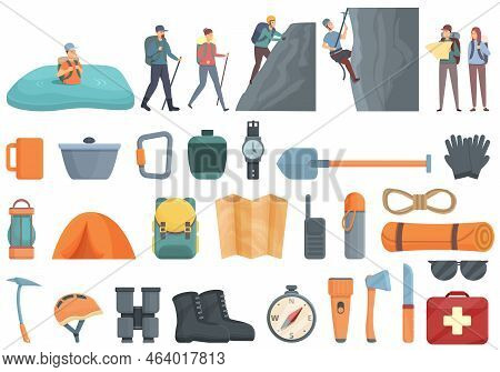 Extreme Tourism Icons Set Cartoon Vector. Climbing Mountain. Winter Adrenalin