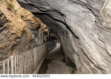Zillis, Grison, Switzerland, April 12, 2022 Tight Pedestrian Way Leads Through The Massive Alps At T