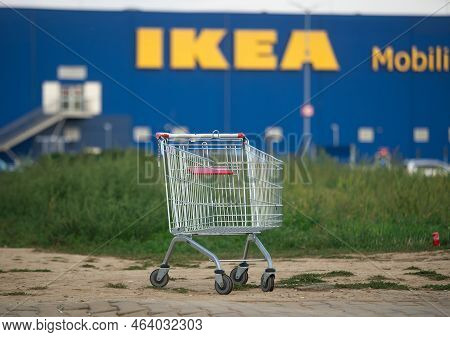 Bucharest, Romania - October 07, 2022: A Supermarket Shopping Cart Is Seen In Front Of Ikea Buchares