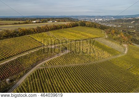 Aerial View Famous German Wine Region Moselle River Lay And Guels Village Autumn Fall Colors