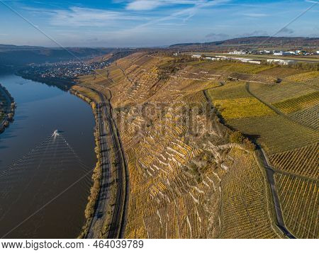 Aerial View Famous German Wine Region Moselle River Lay And Guels Village Autumn Fall Colors