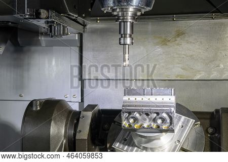 The 5-axis Machining Center Cutting The V8 Cylinder Block With Solid Ball End Mill Tool. The Hi-prec