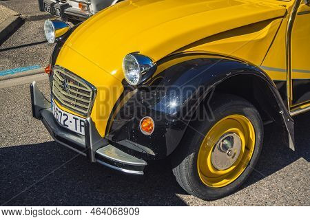 Loriol Sur Drome, France - 17 September, 2022: Vintage Black And Yellow Citroen 2cv6 Charleston, On 