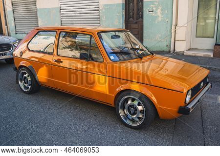 Loriol sur Drome, France - 17 September, 2022: Vintage Orange Golf D II (19E) parked on the street. 