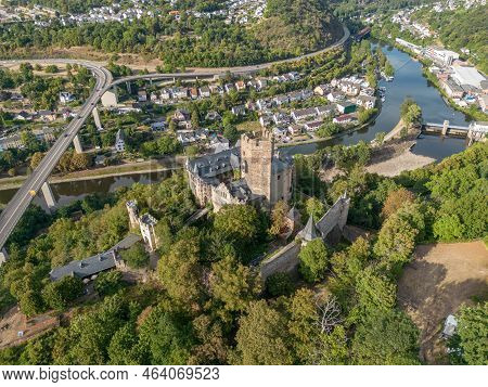 Aerial View Lahneck Castle At Lahn River Valley By City Lahnstein Near Koblenz In Germany Built 1226