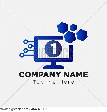 Computer Tech Logo On Letter 1 Template. Connection On 1 Letter, Initial Computer Tech Sign Concept