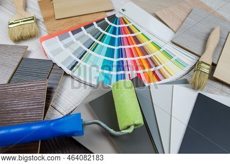 Colour Swatches Book With Wooden Sampler, Paint Brush, Renovation Concept