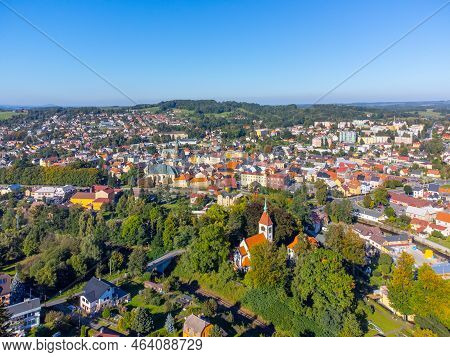 Aerial View Of Frydlant V Cechach Town On Sunny Autumn Day. Czech Republic. Aerial View From Drone.