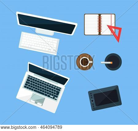 Workspace Items With Computer, Laptop, Tablet, Notepad, Coffee Cup And Ash Tray Top View Vector Set
