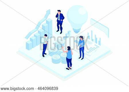 People Characters Having New Finance Management Creative Ideas. They Standing Near Light Bulb With G