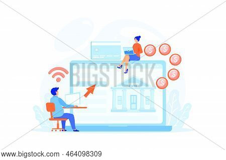 Tiny People With Laptop And Financial Digital Transformation. Open Banking Platform, Online Banking 
