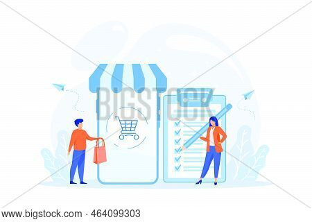 Man Doing Purchases From Shopping List. Customer With Package, Buying Goods. Purchase Agreement, In-