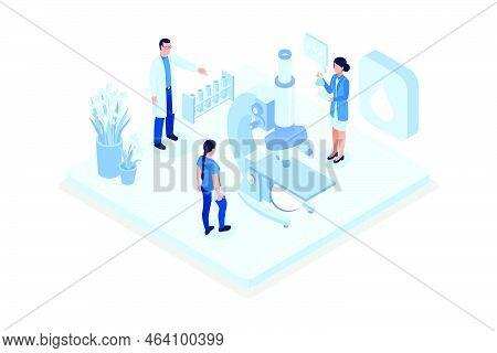 Laboratory Doctor Or Chemist Testing Patients Urine And Blood Samples, Isometric Vector Modern Illus