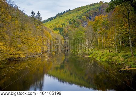 View On The River Ourthe In The Belgian National Park Two Ourthes In The Ardennes Of Wallonia, Belgi