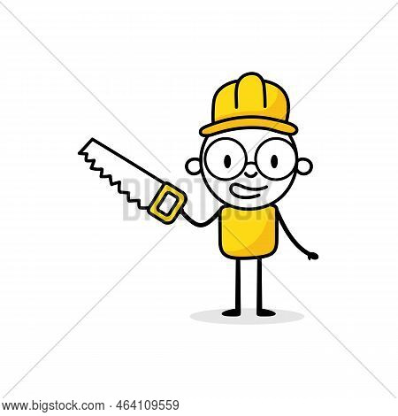 Man Holding Saw In His Hand And Wearing Hard Hat. Carpentry Work. Vector Stock Illustration.