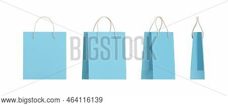 Set Of 3d Blue Paper Shopping Bags Packaging With Different Angles. Front And Side View Of Retail Pu