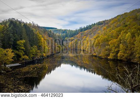 View On The River Ourthe During Autumn In National Park Two Ourthes In Wallonia, Belgium.