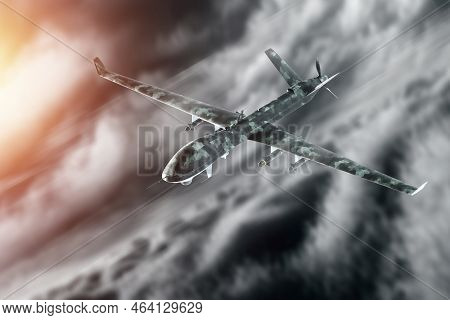 A Military Combat Drone Uav Is On Duty In The Sky. Modern Aircraft, Army Of The Future, Reconnaissan