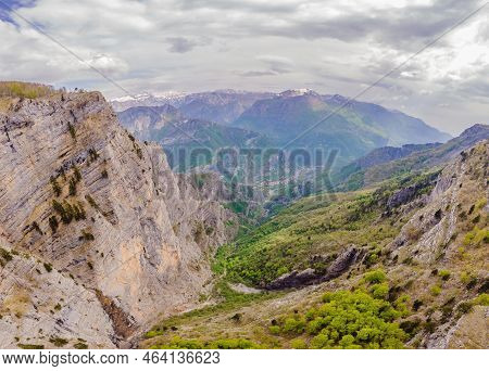 Breathtaking Panoramic View Of The Grlo Sokolovo Gorge In Montenegro. In The Foreground Is A Mountai