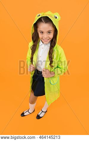 Cute Raincoat Kids Would Love. Frog Style. Schoolgirl Hooded Raincoat Enjoy Fall Weather. Rainproof 