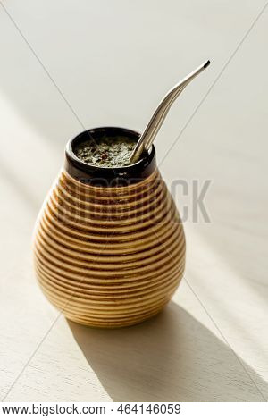 Healthy Infused Yerba Mate Drink, Energy Boosting Beverage, Energy Boosting Beverage On Neutral Wood