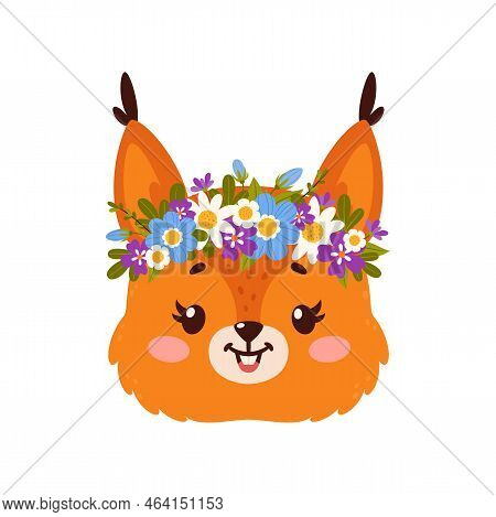 Fox Cute Animal With Flower Crown, Cartoon Face Of Funny Happy Foxy Character. Vector Animal Head We